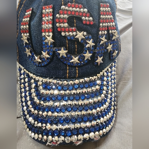 USA Jewel Studded Baseball Cap Star Bling Rhinestone Distressed Jean Denim Hat - Picture 2 of 5